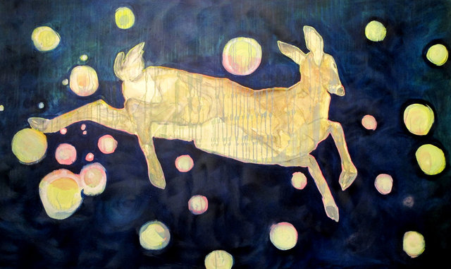 a deer follows down from its natural home among the stars, 3'x5', oil on canvas