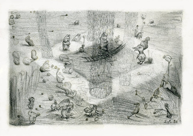 5. "Last night I went for a walk in a (living) sculpture garden of my own design" Pastel, conte & ink on paper 10x15cm 2010