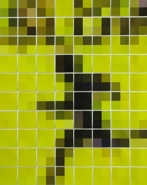 Slow Children Playing, 2015, Inkjet on paper in 80 pieces and brads into wallboard, 48 x 38 in.