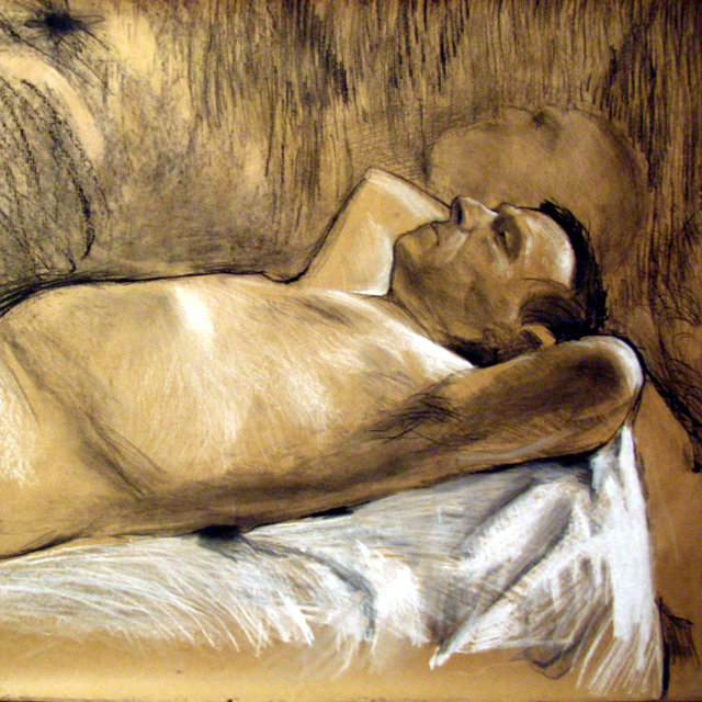 Mężczyzna leżący, rys. węglem i pastelą 80x80 2010