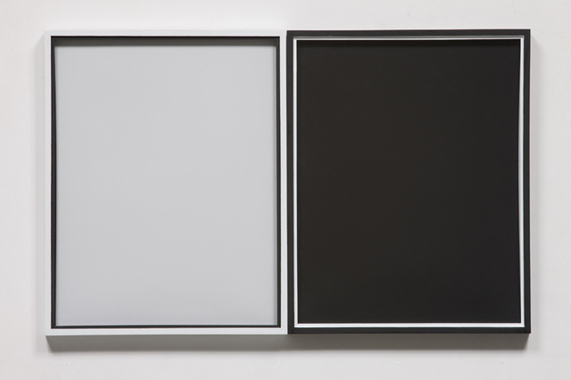 Untitled (Cuyper and Tatsuno), 29.5 x 37.3 x 2 cm each, overall dimensions: 59 x 37.3 x 2 cm Silkscreen printing on unprocessed photographic papers, black and white paint on wooden frames, 2009