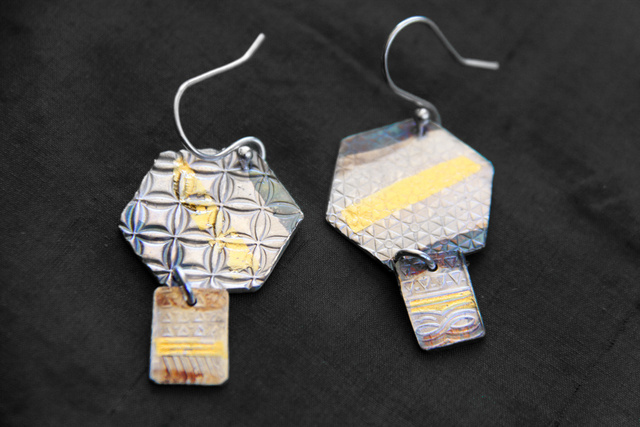 Hexagon Dangle Earrings - Fine silver with 23.5 k gold and patina - Dimensions 4 X 2.25 cm