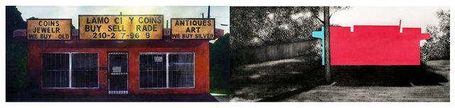 Alamo City $ (diptych), 2014, graphite, gouache, acrylic, and oil on paper, 14" x 64" **