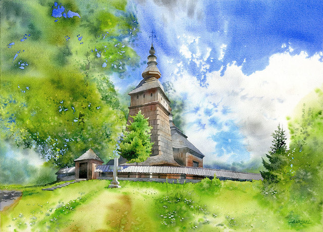 Cerkiew w Kotani 50x70 akwarela