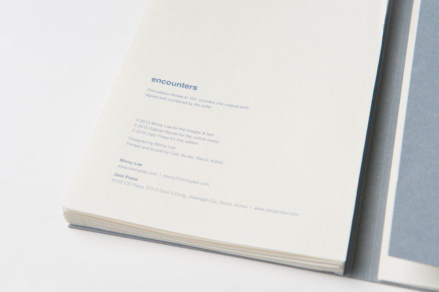 encounters, 33 pages, accordion book. Published by Datz Press in 2015.